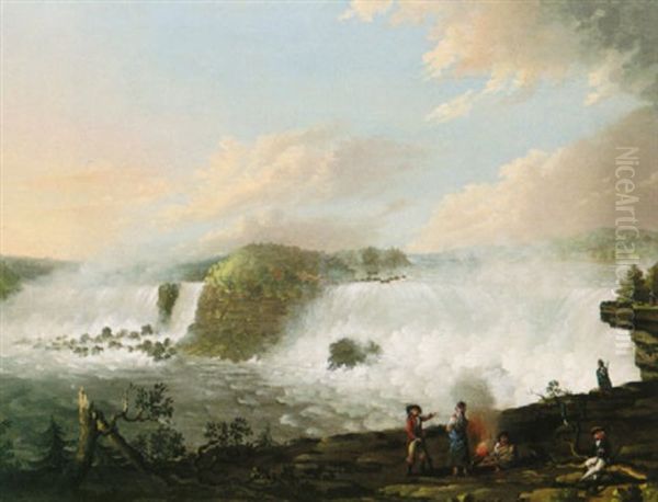 View Of Niagara Falls With Travellers And Indian Guides Oil Painting by Alexander Robertson