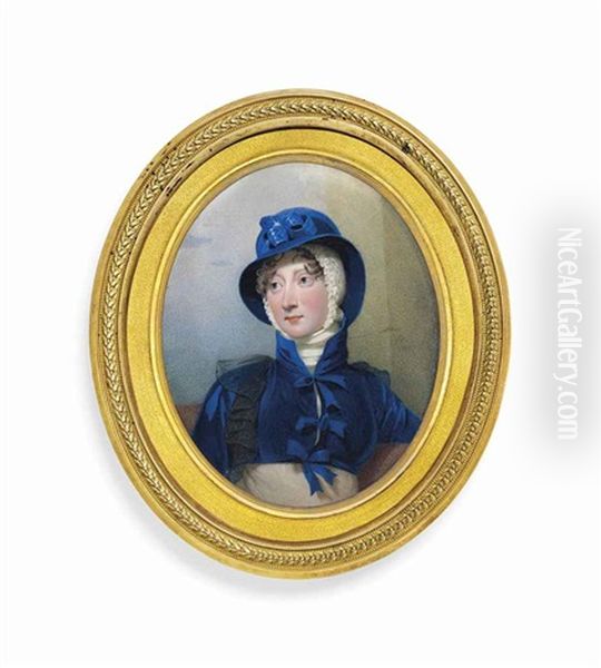 Princess Amelia (1783-1810), In White Dress With Blue Outdoor Jacket And Matching Bonnet; Pillar Background Oil Painting by Andrew Robertson