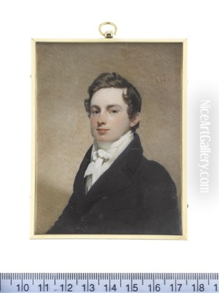 A Young Gentleman Of The Harwood Family, Wearing Dark Blue Coat, White Waistcoat, Chemise, Stock And Tied Cravat Oil Painting by Andrew Robertson