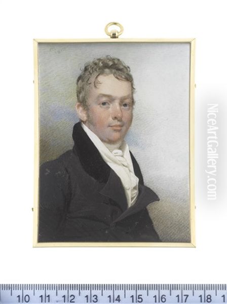 A Gentleman Of The Harwood Family, Wearing Dark Grey Coat With Black Collar, White Waistcoat, Frilled Chemise, Stock And Cravat Oil Painting by Andrew Robertson