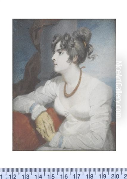 The Artist's First Wife Jenny, Seated On A Red Sofa Before A Classical Column And Red Drapery, Profile To The Left, Wearing Long Sleeved White Dress Oil Painting by Andrew Robertson