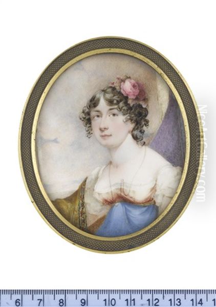 A Lady, Called Mrs Mary Maclive, Seated Before An Aperture, Wearing Dress With White Capped Sleeves And Lace Underslip, Burnt Orange Bodice And Royal Blue Skirt Oil Painting by Andrew Robertson