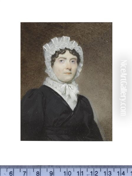 A Lady, Called Ann Boxill, Wearing Black Dress, White Underslip With Frilled Collar, Her Dark Hair Curled And Upswept Beneath A Frilled Lace Mob Cap Oil Painting by Andrew Robertson