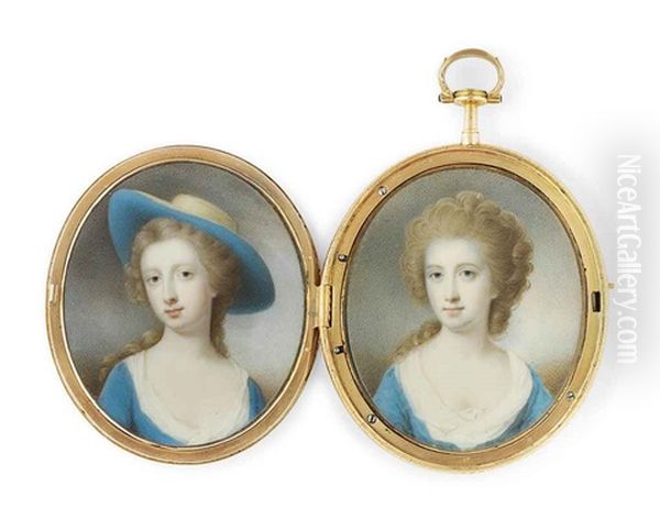 Double-portrait Of Jane, Countess Of Kingston, Nee Caulfeild, In Decollete Blue Dress With White Underdress, Fair Curling Hair, And Mrs Malcott (in 2 Parts) Oil Painting by Andrew Robertson