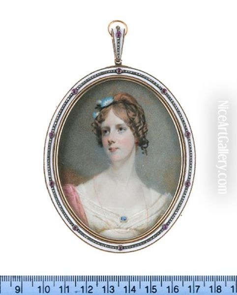 Lady Charlotte Lindsey, Wearing White Dress And Slip, Pink Stole, Blue Enamel Brooch With Border Of Pearls Fastened At Her Corsage, A Fine Gold Necklace Suspended From Her Neck Oil Painting by Andrew Robertson