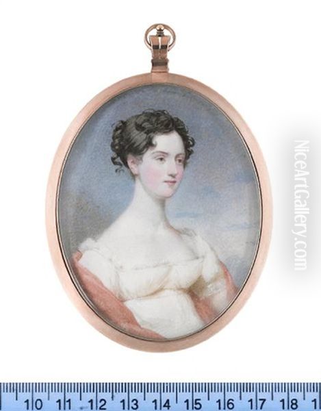 Miss Gordon Of Carroll, Wearing Ivory Dress With Lace Trim To Her Decollage, Pink Stole, Her Dark Hair Upswept And Curled Oil Painting by Andrew Robertson