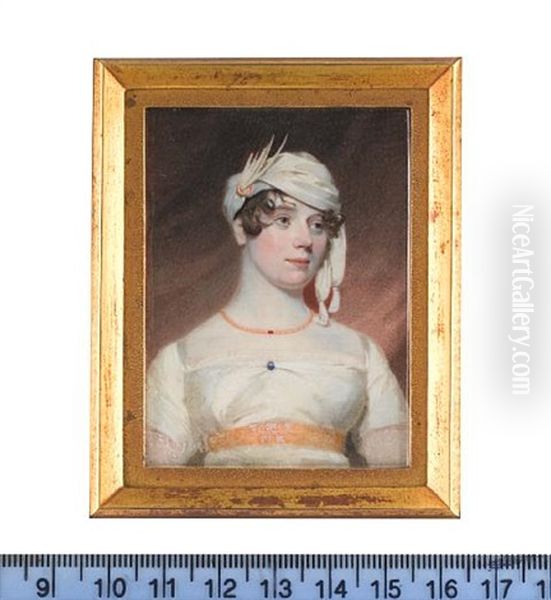 Lady Lacon, Wearing White Dress, Gold Waistband, Blue Pin At Her Corsage, Gold Necklace And White Turban Oil Painting by Andrew Robertson