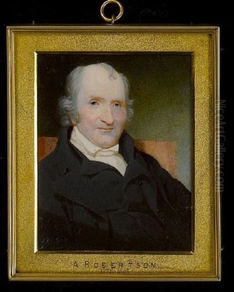 A Gentleman, Wearing Black Coat And Waistcoat, With Tied White Stock, Seated In A Red Armchair Oil Painting by Andrew Robertson