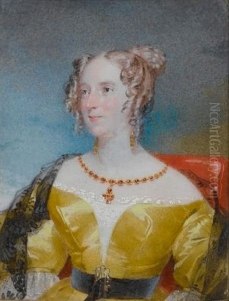 A Lady, Called Mrs Roberts, Wearing Yellow Dress, The Bodice, Neckline And Sleeves Trimmed With White Lace, Black Sash With Gold Buckle Oil Painting by Andrew Robertson