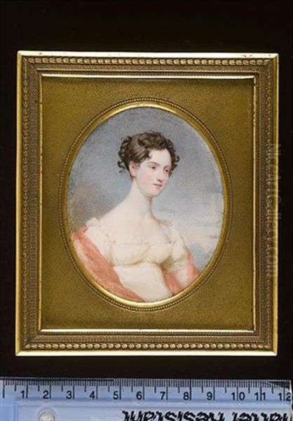 Miss Gordon Of Carroll Wearing Low-cut White Dress Trimmed With Lace And Pink Shawl, Her Dark Hair Upswept And Curled Oil Painting by Andrew Robertson