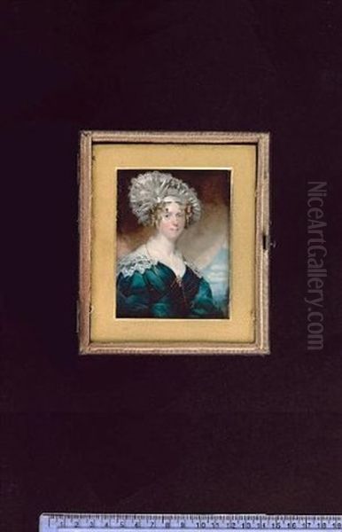 Miss Fanny Shepherd Wearing Green Dress With White Lace Collar And Gauze Fill-in, Gem Set Gold Cross At Her Corsage And White Silk, Gauze And Lace Hat Oil Painting by Andrew Robertson