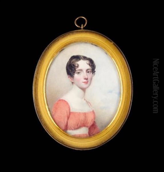 Portrait Of A Lady, Half-length, Her Short Brown Hair Curling Around Her Temples, Wearing A Coral Dress With A White Sash And White Lace Around The Neckline Oil Painting by Andrew Robertson