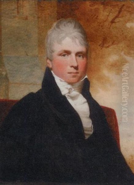 Sir Peter Rivers In A Black Coat And Frilled White Cravat; Window And Tree Background Oil Painting by Andrew Robertson