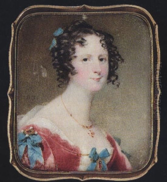 A Lady Wearing Dark Pink Dress With Blue Ribbon Bows And Jewels At Her Shoulders And Corsage, Pendant Necklace And Blue Ribbon In Her Hair Oil Painting by Andrew Robertson