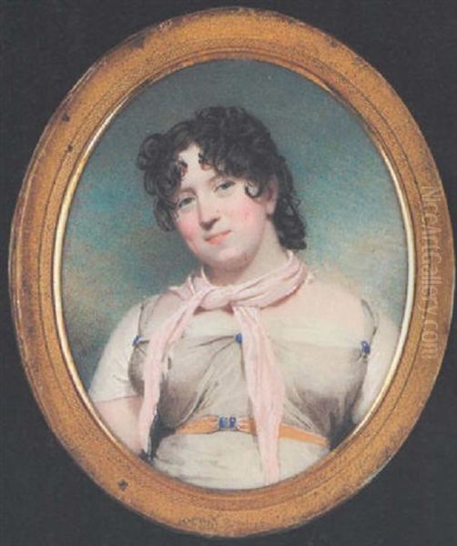 A  Lady Wearing Pale Grey Dress With Blue Buttons, Gold-coloured Belt With Matching Blue Buckle, White Underdress, Pale Pink Scarf, Her Brown Hair Worn In Loose Curls Oil Painting by Andrew Robertson