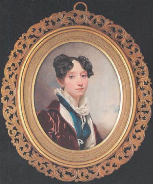 A Lady Wearing Crimson Velvet Coat Over Blue Dress With High Collar, Her Dark Brown Hair Curled And Secured In A Top-knot Oil Painting by Andrew Robertson