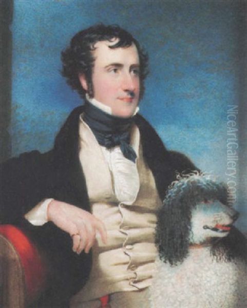 Portrait Of Captain Edward John Johnston Wearing Dark Green Coat With Black Collar, Pale Yellow Waistcoat, White Shirt And Blue Cravat, A Spaniel In The Foreground Oil Painting by Andrew Robertson