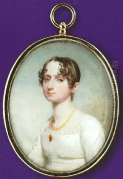 A Fine Portrait Of A Young Lady, Wearing White Dress, Gold Necklace And Red Brooch At Her Corsage Oil Painting by Andrew Robertson