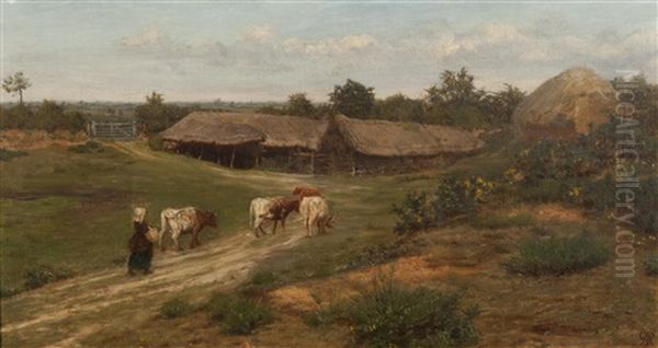 Cattle Heading Home To A Farmstead Oil Painting by Henry Robert Robertson