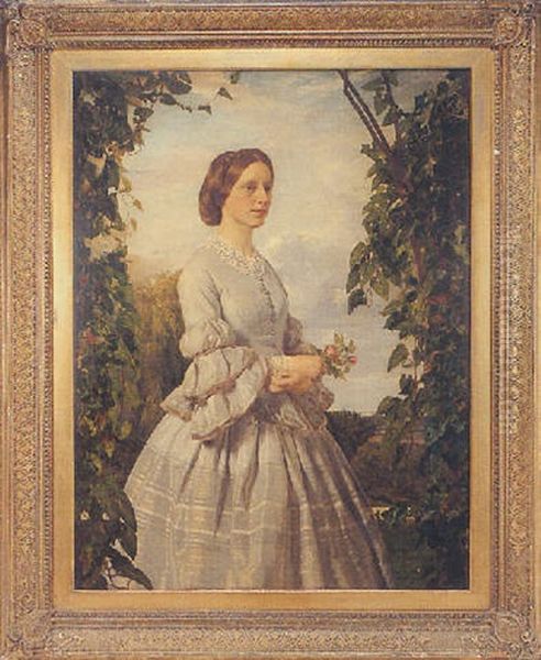 Portrait Of Mrs Laurence, Wearing A Grey Silk Dress And Holding A Rose, Within An Extensive Landscape Oil Painting by John Ewart Robertson