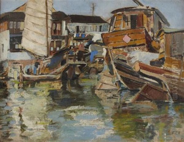 Crowded Anchorage, Soochow Oil Painting by Robert Cecil Robertson