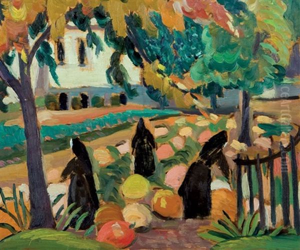 Mother House - Nuns Of The Congregation And Pumpkins (also Known As In The Garden Of The Mother House - St. Luke Street) Oil Painting by Sarah Margaret Armour Robertson