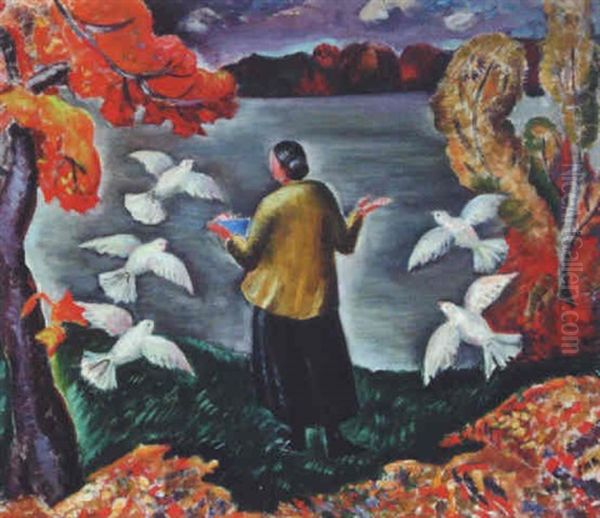 Woman With Doves In A Canadian Landscape Oil Painting by Sarah Margaret Armour Robertson