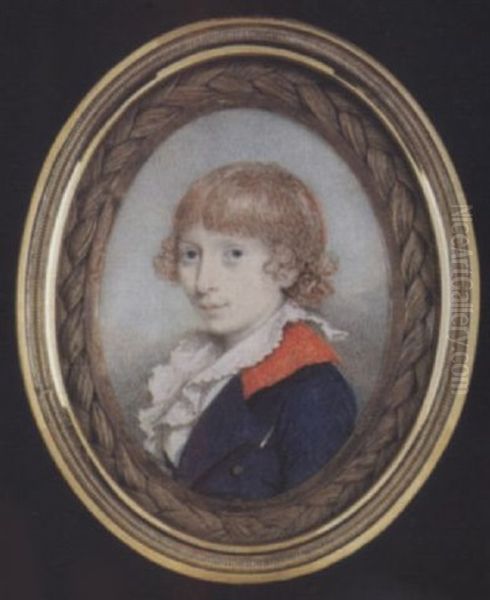 John Chester As A Boy, Wearing Blue Skeleton Suit With Red Collar, White Shirt With Wide, Frilled Collar, His Auburn Hair Worn Loose Oil Painting by Walter Robertson