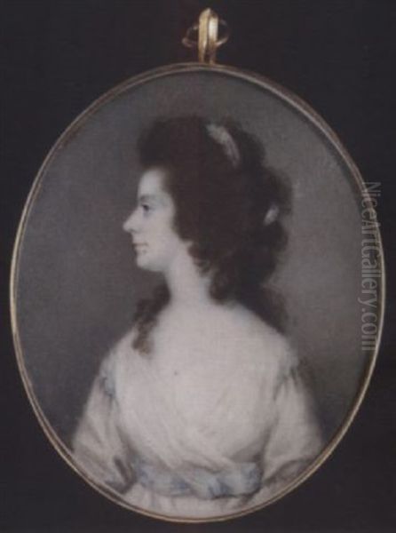 A Lady, Her Head Turned In Profile To The Left, Wearing White Dress With Pale Blue Waistband, Ribbons At Her Shoulders And In Her Hair Oil Painting by Walter Robertson