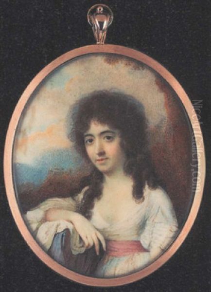 Lady Pastard Wearing Decollete White Dress With Dusty-pink Waistband, Her Long Curling Hair Falling Over Her Shoulders, Her Right Arm Resting On A Tree Stump Covered With A Shawl Oil Painting by Walter Robertson