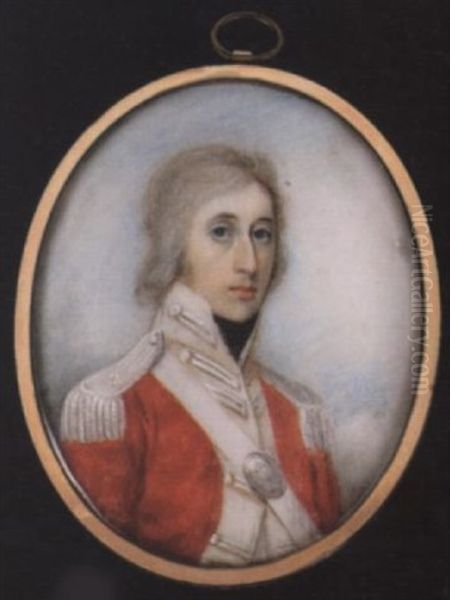 A Field Officer Of A Regiment Of Irish Volunteers, His Scarlet Coat With Silver Epaulettes, His Silver Belt Plate Engraved With A Crowned Harp Oil Painting by Charles Robertson