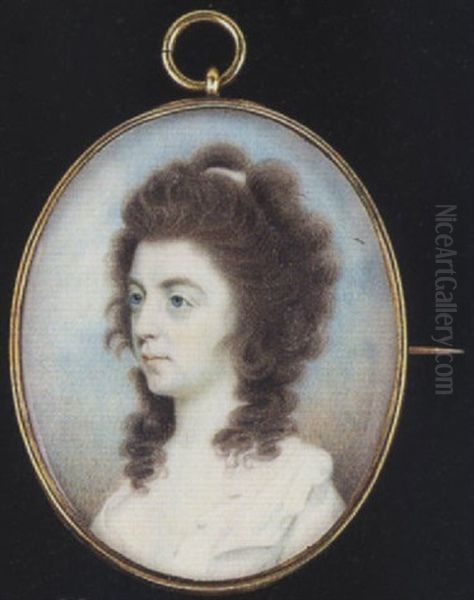 A Lady Of The Cooper Family Wearing White Dress And Matching Bandeau In Her Curling Brown Hair Oil Painting by Charles Robertson