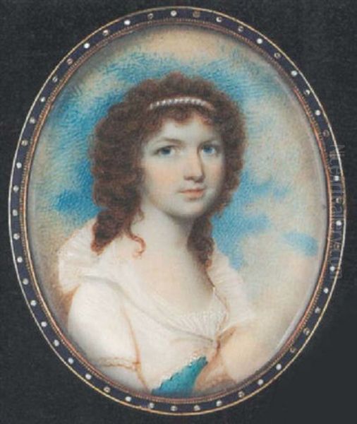 A Lady Wearing White Dress With Frilled Collar, Pearl Armbands And Decoration On Her Bodice And Pearl Band In Her Curled Dark Auburn Hair Oil Painting by Charles Robertson