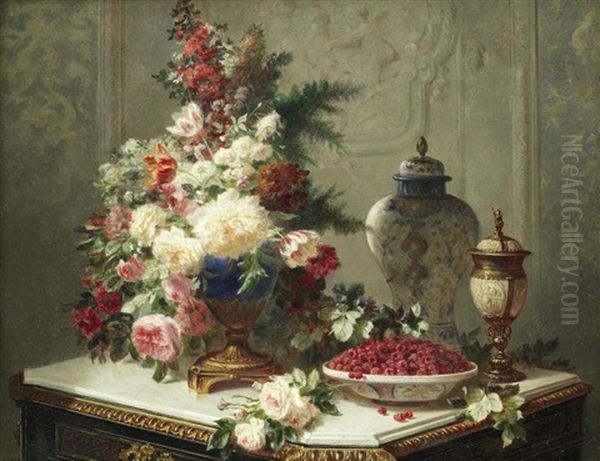 Still Life With Flowers And Raspberries Oil Painting by Jean-Baptiste Robie