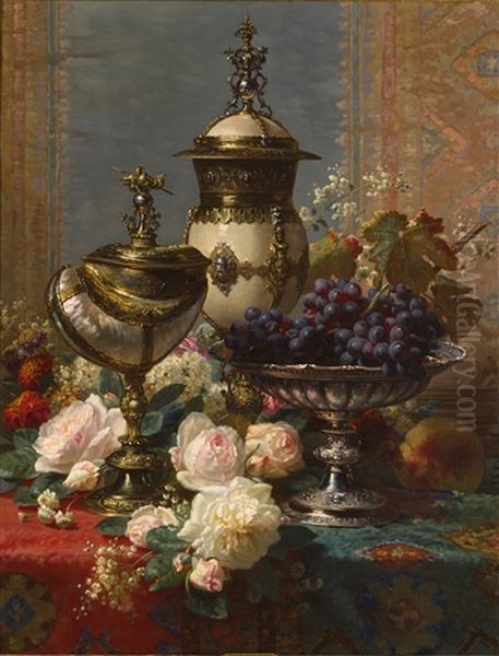 A Still Life With Roses, Grapes, And A Silver Inlaid Nautilus Shell Oil Painting by Jean-Baptiste Robie