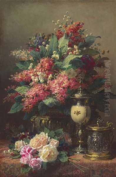 A Still Life Of Chestnut Flowers, Wallflowers, Roses And Pansies With A Tankard And A Silver Gilt Ostrich Egg Cup by Jean-Baptiste Robie