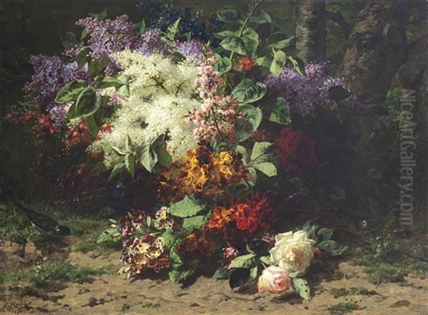 A Still Life Of Roses, Lilacs, Pansies, Primroses, Cherry Blossoms And A Bird In A Landscape Oil Painting by Jean-Baptiste Robie