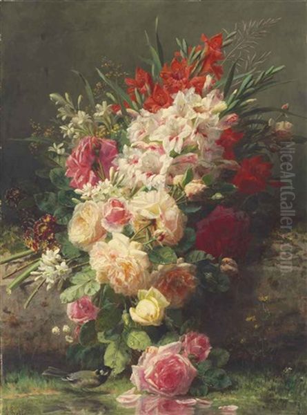 A Still Life With Roses, Gladioli And Other Flowers On A Ledge With A Bird By A Stream Oil Painting by Jean-Baptiste Robie