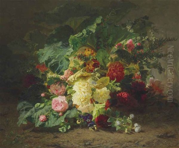 Roses And Wildflowers In A Forest Oil Painting by Jean-Baptiste Robie