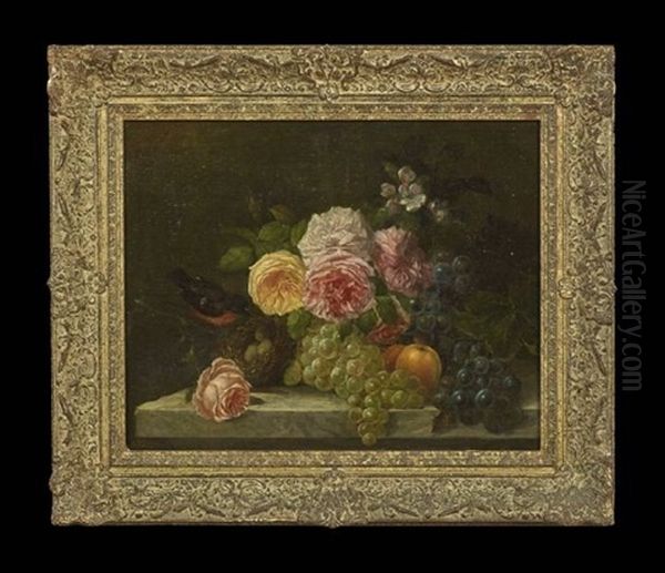 Floral Still Life With A Bird's Nest On A Marble Ledge by Jean-Baptiste Robie