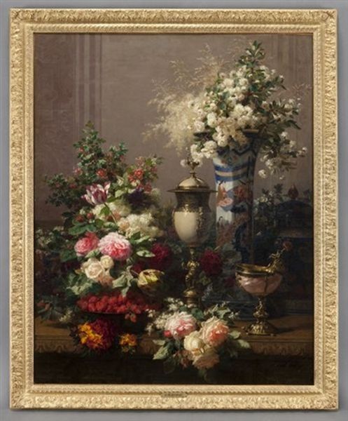 Floral Still Life With Imari Vase, Ostrich Egg Cup, Nautilus Cup And Strawberries Oil Painting by Jean-Baptiste Robie