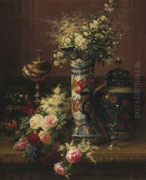 Roses, Peonies And Forget-me-nots In A Japanese Vase Oil Painting by Jean-Baptiste Robie