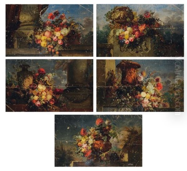 Nature Morte Aux Fleurs Et Fruits (set Of 5) Oil Painting by Jean-Baptiste Robie