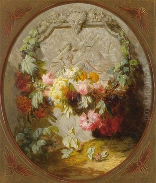 A Flower Still Life In Front Of A Marble Relief Depicting Diana As The Godess Of The Hunt Oil Painting by Jean-Baptiste Robie