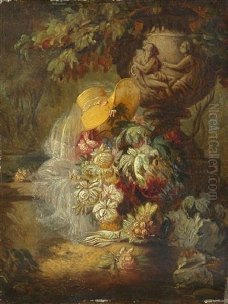 Variastilleben. Ein Sommerhut Mit Schleier, Handschuhe Sowie Blumen Drappiert Vor Einer Skulptierten Vase In Parklandschaft Oil Painting by Jean-Baptiste Robie