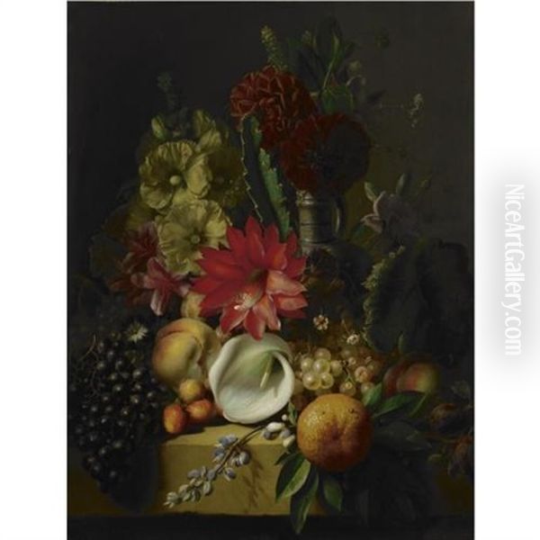 Flowers And Fruit On A Ledge Oil Painting by Jean-Baptiste Robie