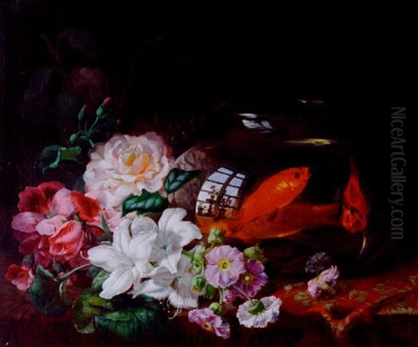 Still Life Of A Bowl Of Goldfish, Pelargoniums, Roses, Amaryllis And Other Flowers Oil Painting by Jean-Baptiste Robie