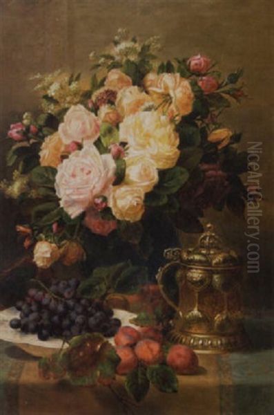 A Still Life With Grapes And Roses In A Vase Oil Painting by Jean-Baptiste Robie