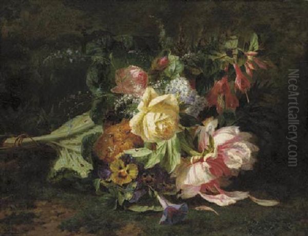 A Bouquet Of Roses, Violets, Poppies, Lilac And Fuchsia Oil Painting by Jean-Baptiste Robie