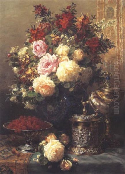 Still Life With Flowers, Raspberries, A Tankard And A Nautilus Oil Painting by Jean-Baptiste Robie